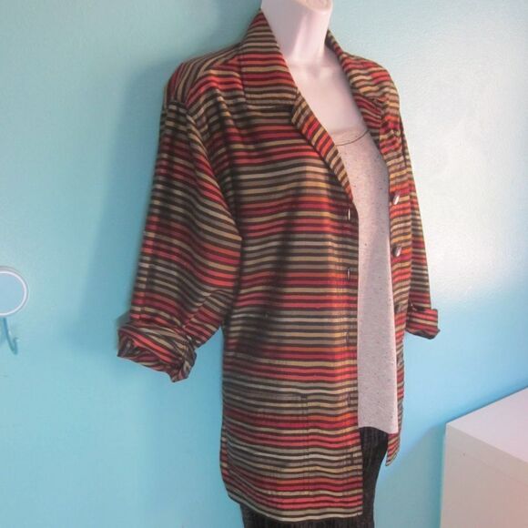 Chicos VINTAGE Raw Silk Oversized Striped Jacket Size 1 (Fits Like Size Large) - Picture 1 of 12